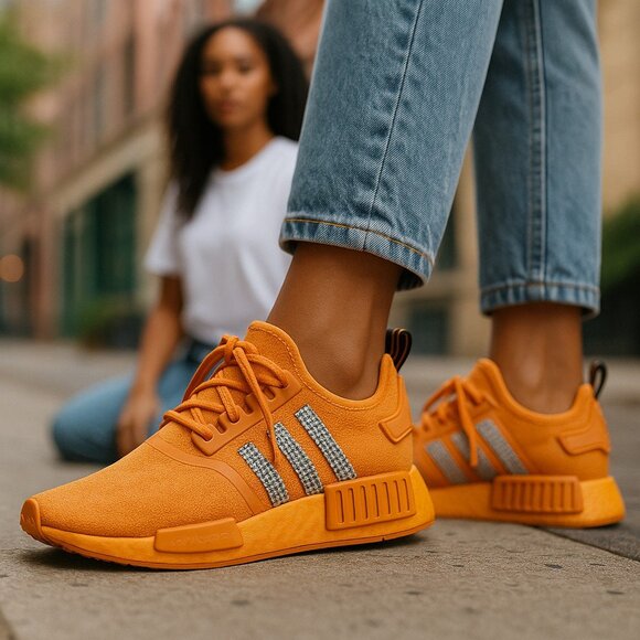 Adidas Women's‎ NMD_R1 Running Shoe Bright Orange w/ Swarovski Crystals Size 5 - Picture 1 of 8
